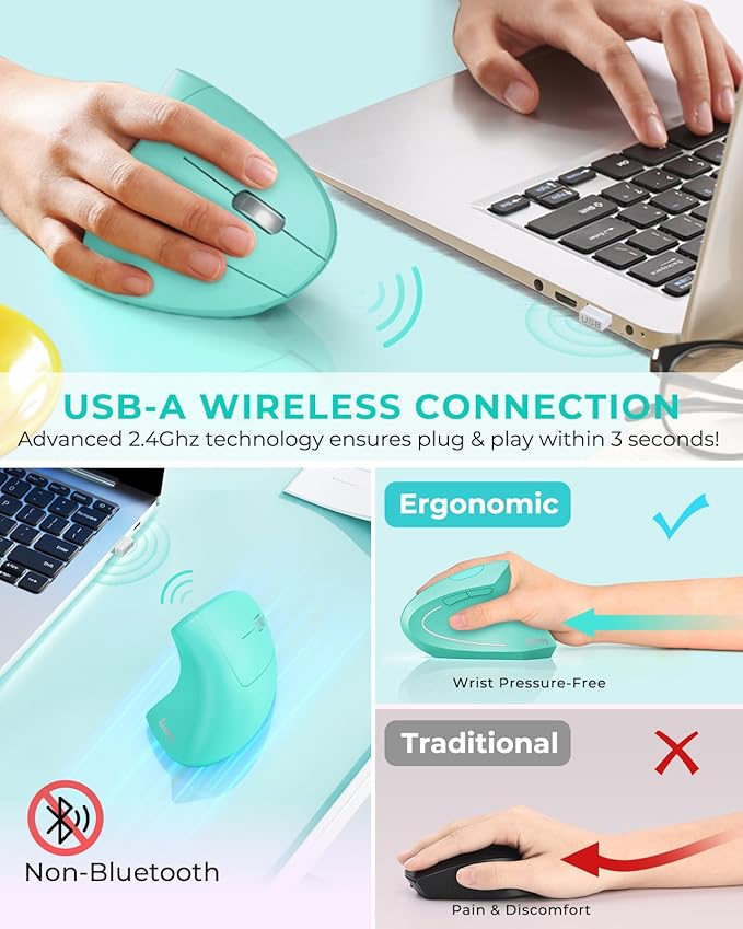 Lekvey Ergonomic Mouse, Vertical Wireless Mouse Rechargeable 2.4 GHz Optical Carpal Tunnel Mouse : 800/1200 / 1600 DPI, 6 Buttons, for Laptop, PC, Computer, Desktop, Notebook etc, Green
