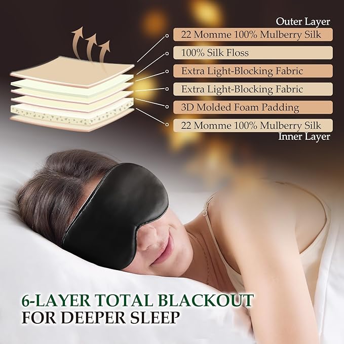 100% Mulberry Silk Sleep Mask for Unisex, 22 Momme 3D Silk Contoured Eye Mask, Breathable Light Blocking Blindfold with Adjustable Strap, Blackout Eye Cover for Travel, Black