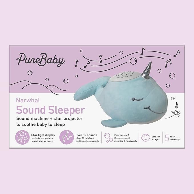 PureBaby Sound Sleepers Portable Sound Machine & Star Projector - Plush Sleep Aid for Baby and Toddlers with Soothing Night Light Display, 10 Lullabies, White Noise, and Heartbeat Sounds (Narwhal)