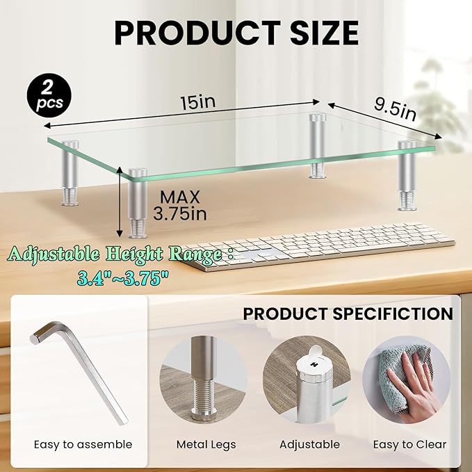 Tempered Glass Monitor Riser with Height Adjustable, Clear Computer Monitor Stand for Desk, Laptop TV, Desk Organization, 2Pcs, 15L x9.45W x3.75H Inches