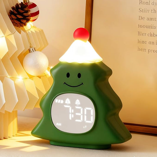 Yiliaw Kids Alarm Clock with Night Light, Christmas Tree Wake Up Clock, Rechargeable Cute Alarm Clock for Bedroom, for Boys and Girls, Green
