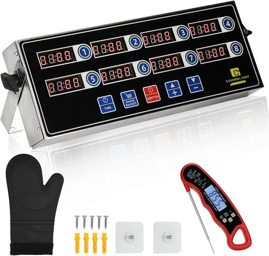 Commercial Kitchen Timers for Cooking, 8-Channel Timer for Commercial Kitchens, Heavy-Duty Loud Alarm Timer for Restaurants, Stainless Steel, LED Technology