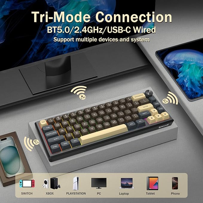 Redragon 60% Wireless Mechanical Gaming Keyboard, Full Aluminum Shell, Bluetooth/2.4GHz/USB-C, Hot Swappable Pre-lubed Linear Switches, Gasket Structure, Creamy Sound, Metal Knob, RGB Light