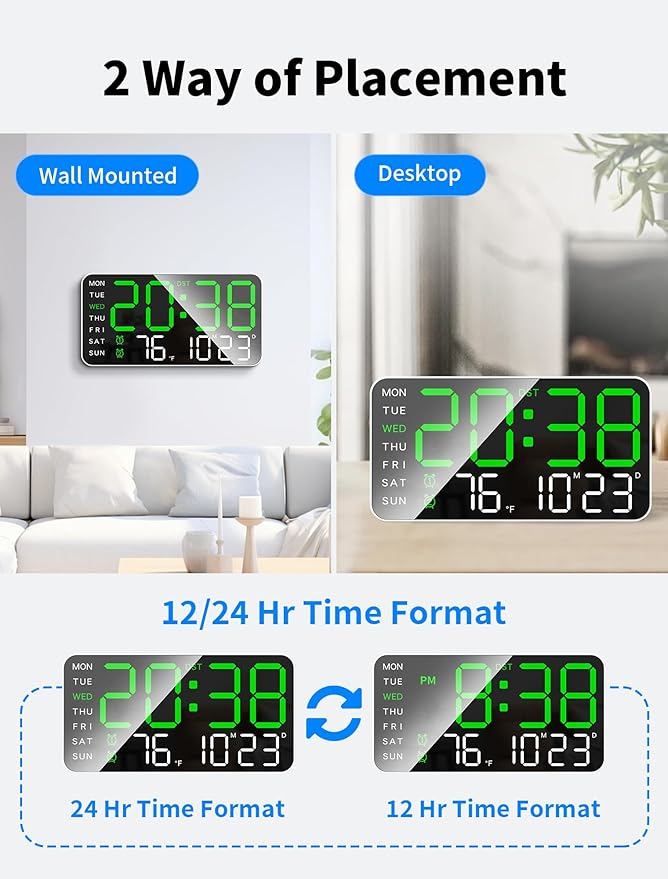 MASHI 8.4''Large Digital Wall Clock, Led Alarm Clock with Big Digits, Date, Temperature, DST, Modern Decor Design for Desk,5-Level Brightness for Room, Bedroom, Gift, Yougster and Elderly