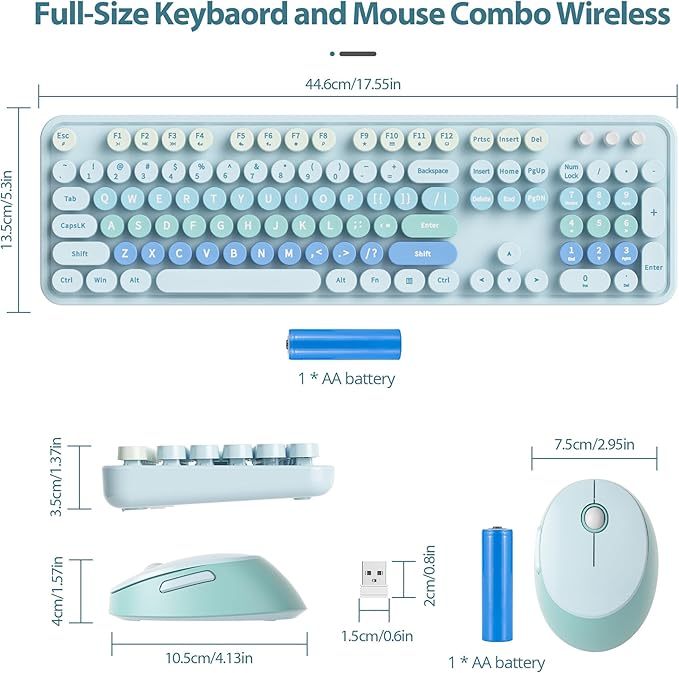 Fogruaden Blue Retro Typewriter Keyboard and Mouse Wireless, 2.4GHz Office Full-Sized Colorful Computer Keyboard with Number Pad and Cute Mouse for Windows PC Desktops Laptop