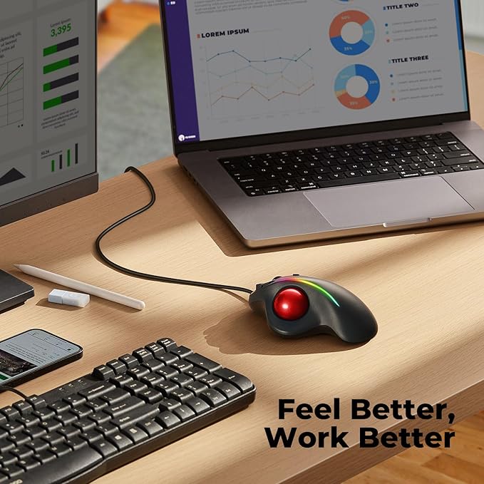 Wired Trackball Mouse with RGB Lighting, Ergonomic Thumb Control to Reduce Muscle Strain, 5 Adjustable DPI, Dual USB-C & USB-A Connectivity, Compatible with PC, Laptop, Mac, Windows-Red