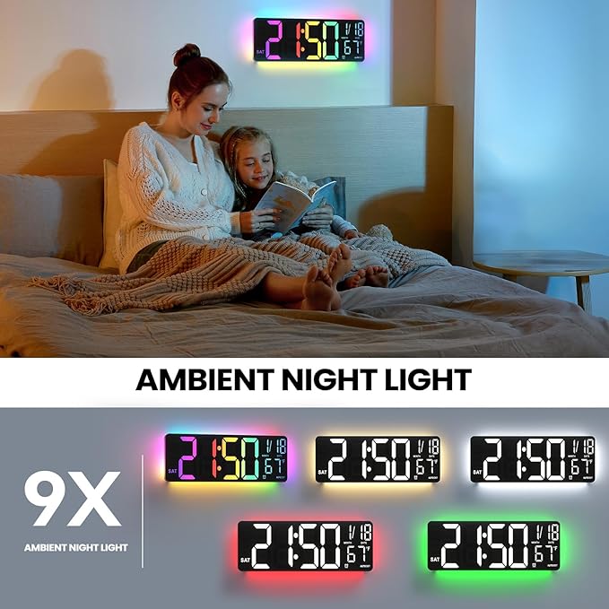 Digital Wall Clock Large Display, 13" Large Digital Wall Clock with RGB Color Remote Control, Automatic Brightness Dimmer Big Clock with Night Lights, Auto DST, Date Week,Perfect for Gift