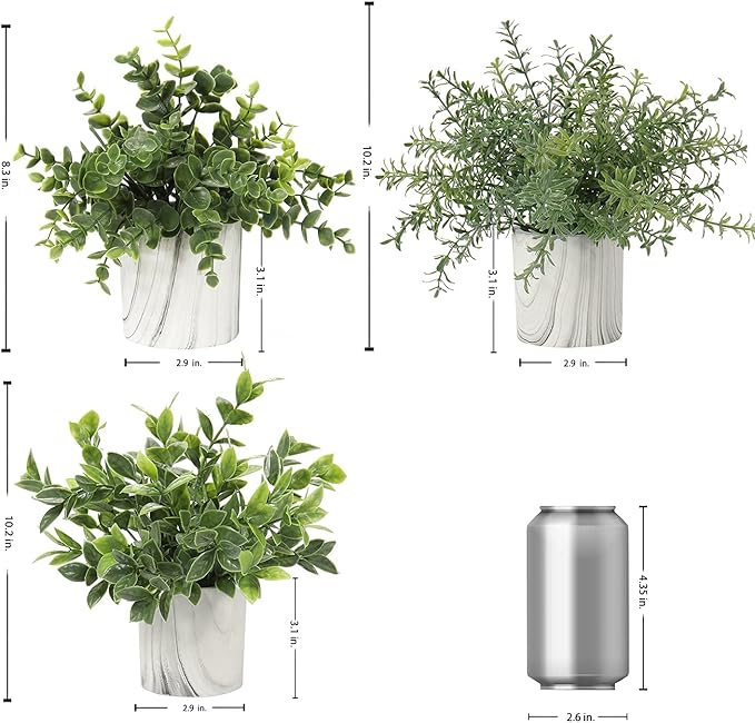 Hollyone Mini Artificial Potted Plants Fake Plants in Marble Pots, 1Pcs Plastic Eucalyptus Greenery Faux Plants for Home Office Desk Room Centerpiece Shelf Décor