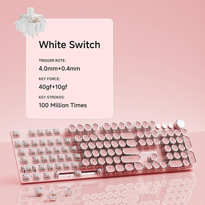 EWEADN V20 Typewriter Keyboard Wireless,104 Keys Typewriter Style Mechanical with White Backlit, Media Knob, White Switch 2.4G/Bluetooth/USB-C Retro Full Size Keyboard for Windows/Mac/PC-Dark Pink