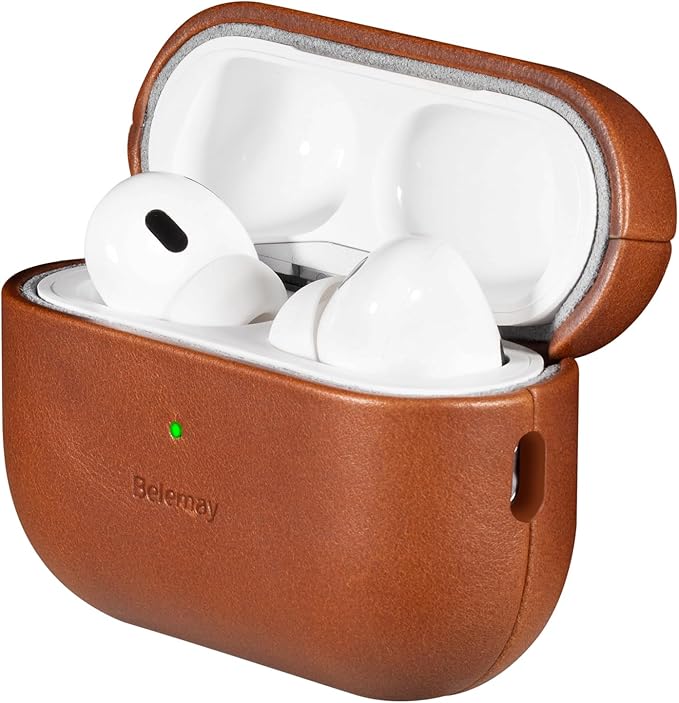Belemay for AirPods Pro 2nd Generation Case, Compatible with MagSafe and Wireless Charging, Luxury Full-Grain Smooth Leather, Unique Patina, Comfort Grip, Compatible with Airpods Pro 2, Brown