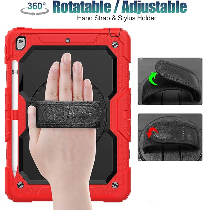 SEYMAC stock Case for iPad 9th/ 8th/ 7th Generation 10.2'', Shockproof with Screen Protector, Pencil Holder [360° Rotating Hand Strap] & Stand, for iPad 10.2 inch 2021-2019 (SiliconeRed+Black)