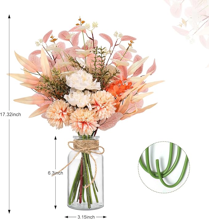 Fake Flowers Faux Flowers in Vase, Artificial Flowers with Vase, Floral Arrangements Artificial Plants Boho Silk Flowers Bouquet for Home Decor Indoor Dining Table Centerpieces Decorations (Champagne)