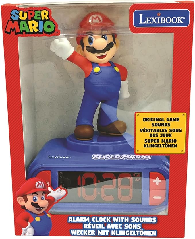 LEXiBOOK, Super Mario, Mario Nightlight Alarm Clock, Sounds and Melodies, LCD Backlit Screen, Luminous, Snooze, Red/Blue, RL800NI