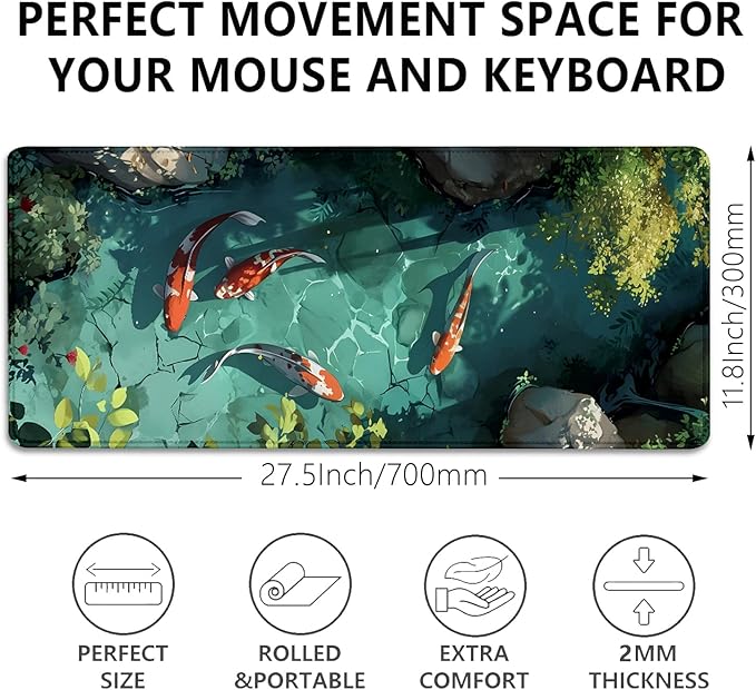 Japanese Koi Carp Fish Desk Pad Mouse Pad,Large Gaming Mouse Mat with Stitched Edges,Non-Slip Rubber Base Mous Mat for Office,Computer,Keyboard,Laptop and Home Desk Pad(27.5X11.8 in)