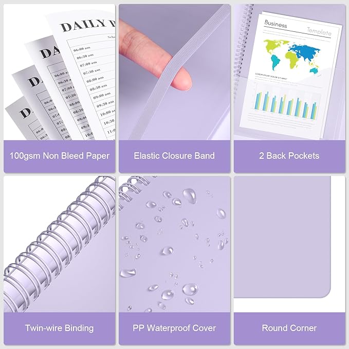 Planner Undated, Asten Daily Planner Agenda with To Do List, Hourly Planner for Women and Men, Spiral Appointment Book Planner Notebook with Elastic Closure, Day Planner for ADHD 8.5" x 11" (Purple)