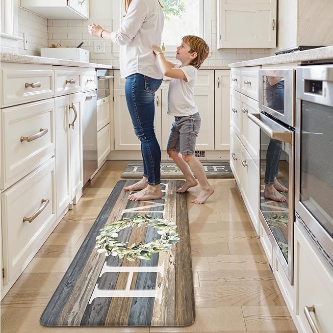 KIMODE Farmhouse Kitchen Mats for Floor 2 Piece,Cushioned Anti Fatigue Rugs Non Slip,Memory Foam Waterproof Carpet for Sink Laundry Office Bathroom,Blue 17"x47"+17"x29"