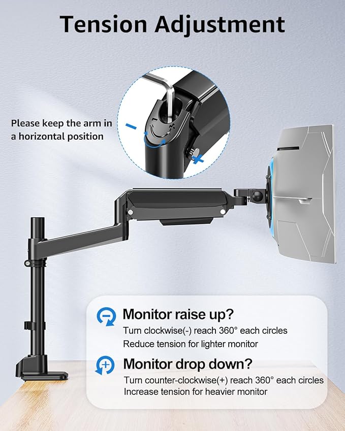 MOUNTUP Heavy Duty Monitor Arm Fits Max 49" Ultrawide Screens, Ultra Wide Monitor Arm Holds 4.4-44 lbs, Single Monitors Stand for Samsung Odyssey G9 and More, Gas Spring Height Adjustable, VESA Mount