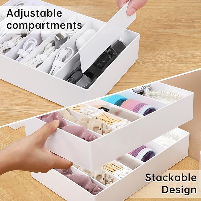 2 Pcs Large Cable Organizer Box with Wire Ties,Plastic Charger Organizer box with 8 Compartments,Stackable Cord Organizer Box for Office,Home,Desk Drawer Stationery Supplies Storage,White