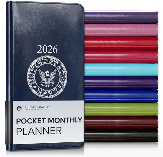 Gallery Leather Pocket Monthly Planner 2025-2026, Elegantly Bound Calendar Planner and Notebook with Stylish Gold-Gilded Page Edges, 18 Months - Acadia Navy - US Navy - 6x3.25"