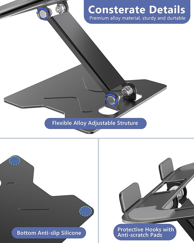 Adjustable Laptop Stand for Desk, Metal Foldable Laptop Riser, Portable Laptop Holder Mount, Ventilated Cooling Notebook Stand for MacBook Air Pro, All 10-16'' Notebooks Laptops, Matte Black