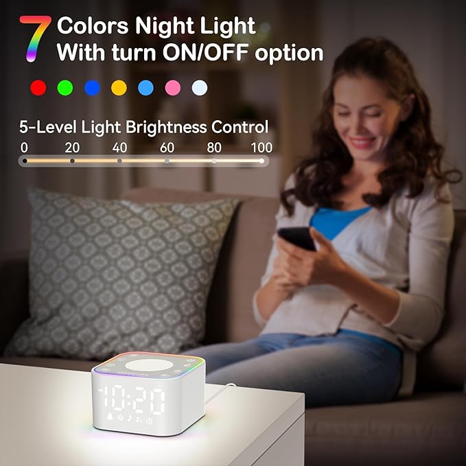 White Noise Sound Machine: 30 Non-Looping Sleep Sound Therapy for Adults - Noise Canceling for Bedroom, Adjustable Night Light & Timer, Built-in Alarm Clock