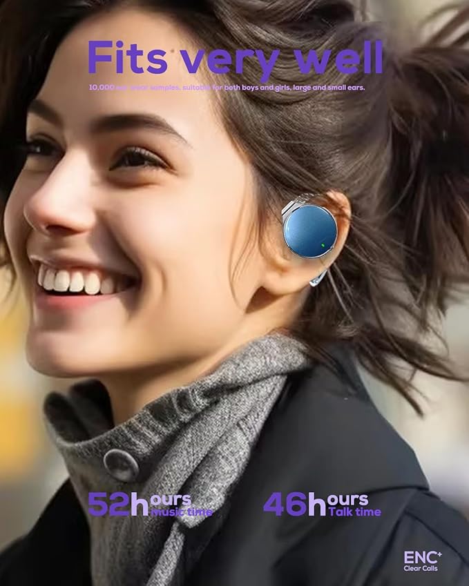 On Ear Headphones Bluetooth 5.4, Noise Cancelling Open Ear Headphones Wireless, Water-Drop Shaped Clip On Sport Headset Bluetooth with 4 Microphone, Comfort Fit Earphones with Long Battery Life