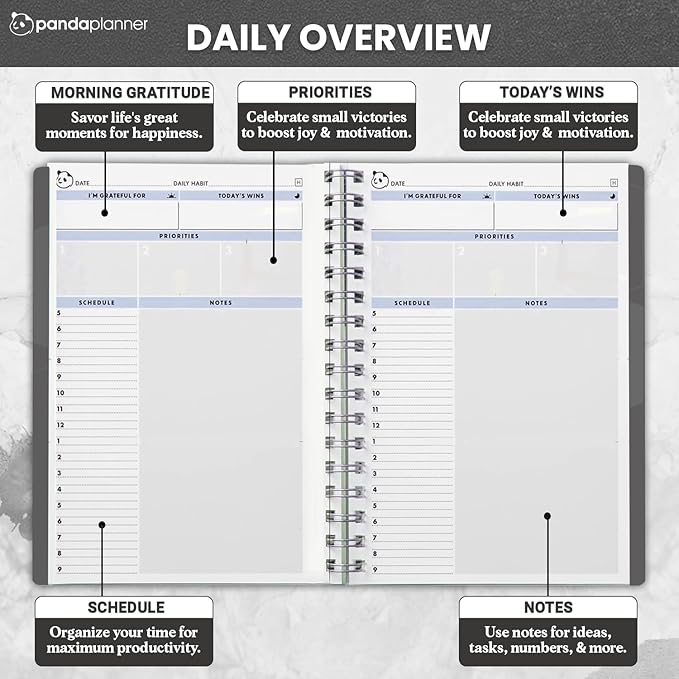 Panda Planner 2025-2026 Undated Daily Planner 5.75" x 8.25" – 90-Day Spiral Academic & Productivity Planner with Hourly Schedule, Habit Tracker, To-Do List & Monthly Calendar – ADHD-Friendly Panda Journal (Gray)