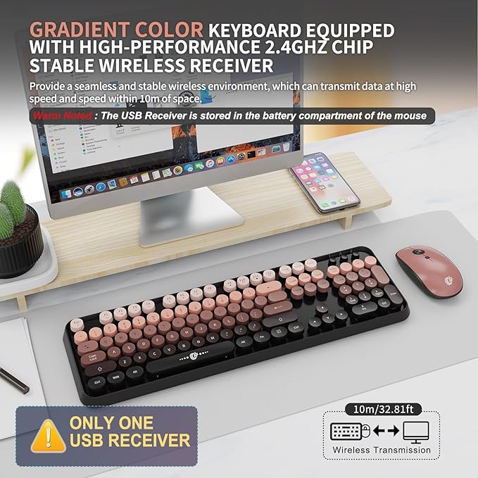FOPETT Wireless Keyboard and Mouse Combo - 2.4G Full-Sized Cute Colorful Mouse and Keyboard with 104 Round Keys Retro Typewriter Keyboard for Laptop/Windows/PC - Pink Gradient