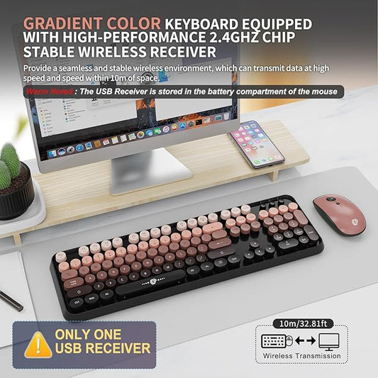 FOPETT Wireless Keyboard and Mouse Combo - 2.4G Full-Sized Cute Colorful Mouse and Keyboard with 104 Round Keys Retro Typewriter Keyboard for Laptop/Windows/PC - Pink Gradient