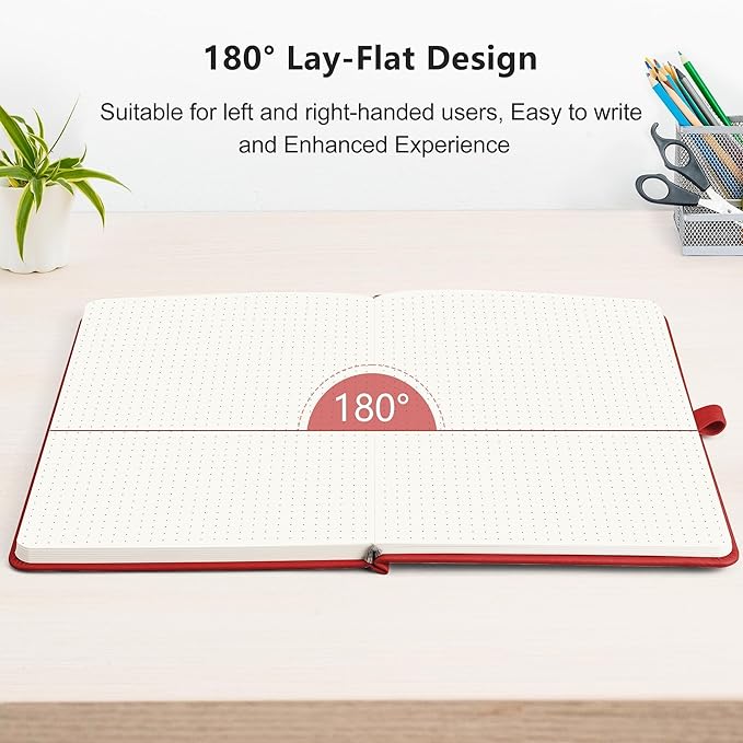RETTACY Bullet Dotted Journal Notebook, 320 Numbered Pages, A5 Medium Size (5.7'' × 8.3''), Leather Hardcover, 100 GSM Thick Paper, for Bullet Journaling, Planning, Tracking (Red)