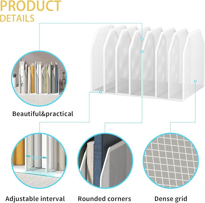 Metal 7 Section File Folder Organizer for Desk | Vertical Office File Holder | Heavy-Duty Mesh Document Sorter for Books, Binders, Laptops | White Desk Organizer (12.8”x8.5”x7.9”)
