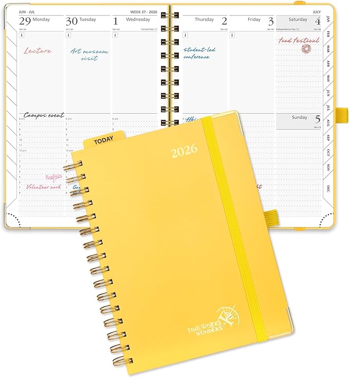 POPRUN 2026 Planner (Medium Size 8.5'' x 6.25'' Wire-Bound Hard Cover) Daily Weekly and Monthly Calendar - Agenda 2026 (Jan.2026-Dec.2026) with Hourly Schedule, Monthly Tabs - Light Yellow