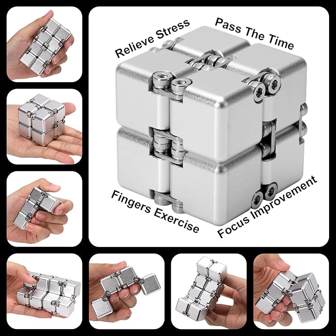 Aluminum Alloy Metal Infinity Cube Fidget Cube (6 Colors) Handheld Fidget Toy Desk Toy with Cool Case Infinity Magic Cube Relieve Stress Anxiety ADHD OCD for Kids and Adults (Silver)