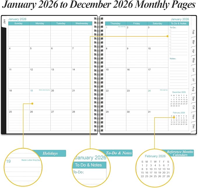 2026 Daily & Monthly Planner - One Page Per Day, Daily Planner from January 2026 - December 2026, Planner 2026 with 12 Monthly Tabs, 8.5" x 11", Black