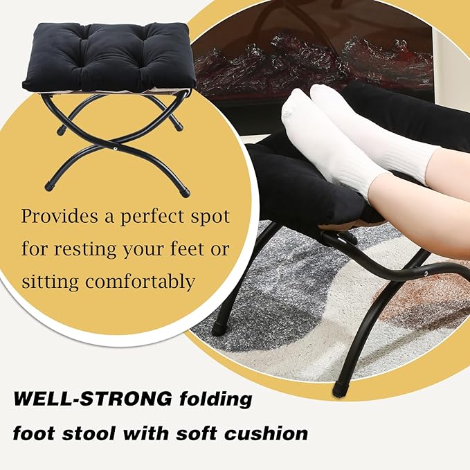 15" Foldable Foot Stool Ottoman with Metal Frame - Washable Black Upholstered Indoor/Outdoor Footrest for Living Room, Bedroom, Patio - Space-Saving Compact Design