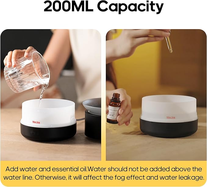 Essential Oil Diffusers, 200ml Aromatherapy Diffuser, Cool Mist Humidifier with 2 Dynamic Modes, Small Diffuser with 7 Color Lights for Home Office Room, Black
