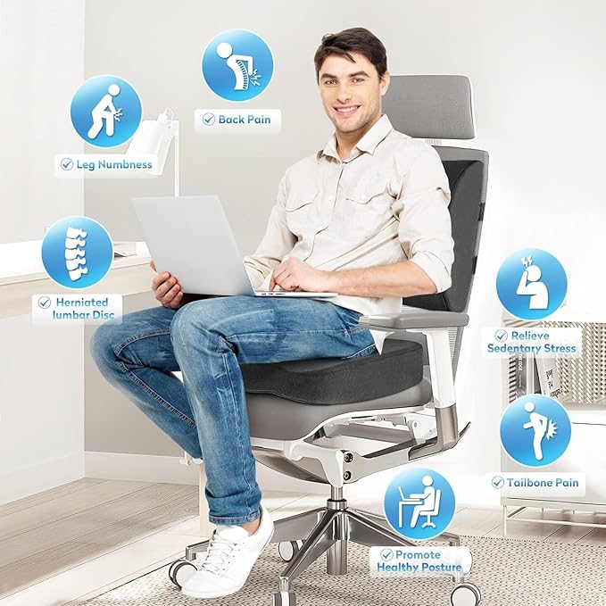 CloudBliss Seat Cushion,Office Chair Cushions,Car Seat Cushion,Lumbar Support Pillow for Office Chair,Back Support Memory Foam Pillow Coccyx Cushion for Tailbone Pain,Sciatica & Back Pain Relief -Grey