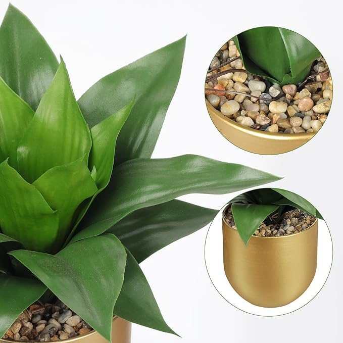 Briful Agave Artificial Wide Leaf Plant in Gold Pot – 10.2” Tall Faux Greenery with Lush Plastic Leaves & Pebble Base, Fake Plant Decor for Indoor Tabletop, Office Desk, Bathroom Shelf