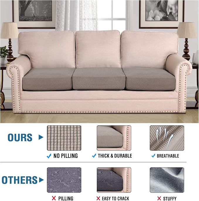 H.VERSAILTEX Super Stretch Couch Cushion Covers Sofa Cushion Slipcovers Jacquard Fabric Individual Seat Couch Slipcover Sets for Pets with Elastic Bottom(3 Packs Cushion Sofa Covers, Taupe)