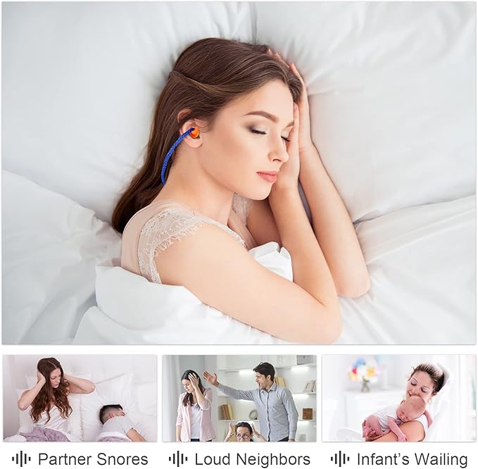 Tondiamo 200 Pairs Ear Plugs Reusable Silicone Earplugs with Cord Sleeping Individually Wrapped Hearing Protection Noise Cancelling Earplugs for Work Construction Shooting Sports(Blue, Orange)