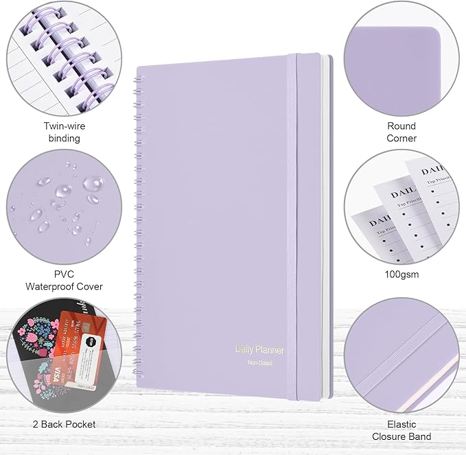 Asten Daily Planner Notebook, Undated To Do List with Hourly Schedules, Spiral Binding, Appointment Planner for Men & Women, ADHD-Friendly, Purple, 8.3" x 5.8"