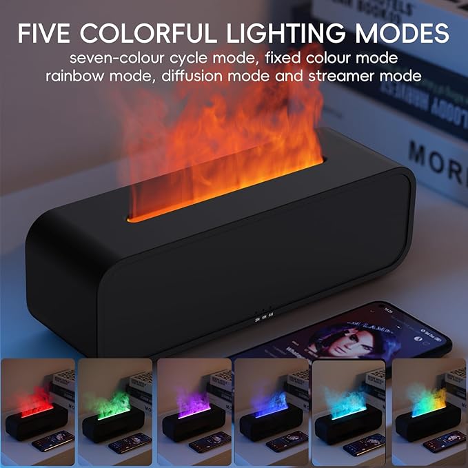 Essential Oil Diffuser, Music Sync Fire Flame Aromatherapy Diffuser, 250ml Cool Mist Humidifier, Scent Aroma Diffuser with 7 Colors Light, Remote Control, Timer & Auto-Off for Home Room (Black)