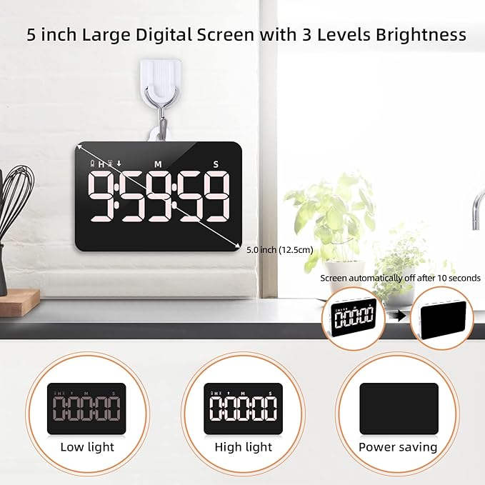 Rechargeable Digital Kitchen Timer for Cooking, Magnetic Timers with Countdown/up, Kids Timer with 5”LED Display 3 Brightness 4 Volume Adjustable for Classroom/Office/Home/Work/Study/Fitness/Game