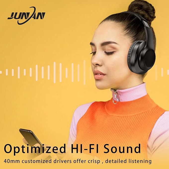 JUNAN Bluetooth Headphones Over-Ear,Foldable,Wireless and Wired Headset,Deep Bass,HiFi Stereo Audio,Low Latency Headphone,Built-in Microphone,SD/TF,FM Radio for Cellphone,PC,TV,etc.