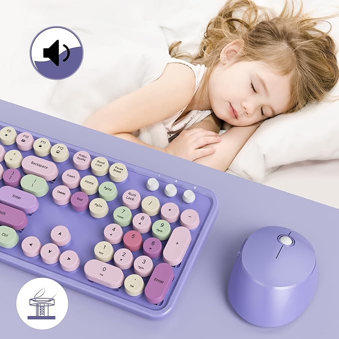 GTSP Typewriter Colorful Purple Keyboard and Mouse Wireless, 2.4GHz Full-Size Retro Cute Office Computer Keyboard with Round Keycaps for Desktop Laptop and PC (Colorful Purple)