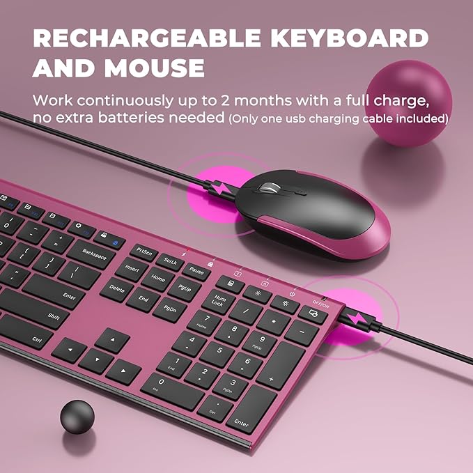 Wireless Keyboard and Mouse, Vssoplor 2.4GHz Rechargeable Compact Quiet Full-Size Keyboard and Mouse Combo with Nano USB Receiver for Windows, Laptop, PC, Notebook-Black and Wine Red