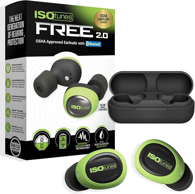 ISOtunes Free 2.0 Bluetooth Hearing Protection Earbuds - 25 dB NRR OSHA Approved Earbuds, Wireless Bluetooth Earplug Headphones for Work