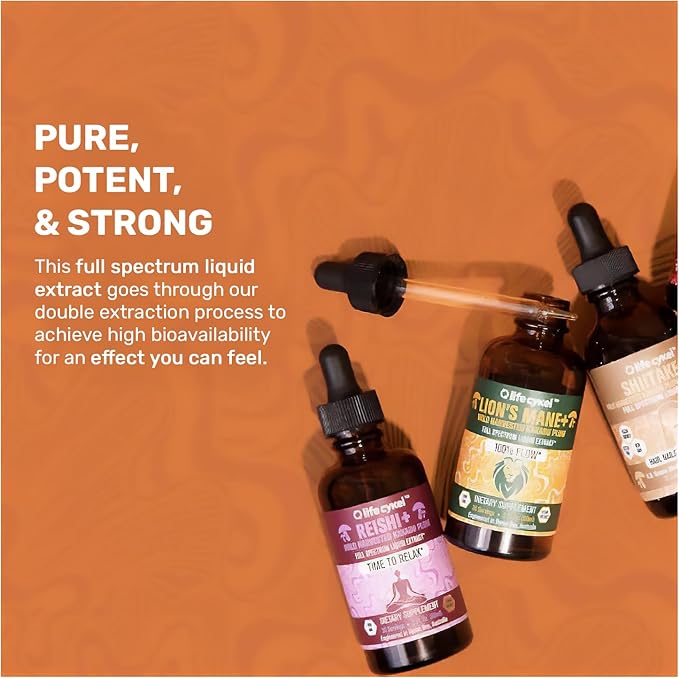 Lifecykel - Shiitake Mushroom Extract with Kakadu Plum- Hair, Skin & Nail Support, Anti Aging Supplement- 100% Organic Mushrooms, Immune Boosting, Vitamin C Made in The US- 2 Fl oz(Packaging May Vary)