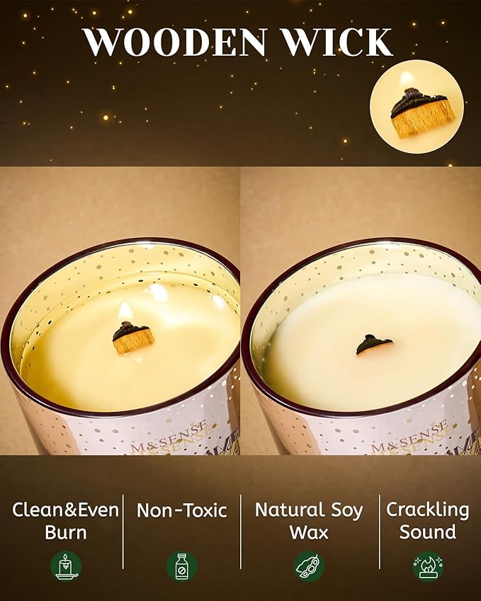 M&SENSE Home Sweety Home Scented Wooden Wick 18oz Cinnamon Apple Winter Scented Clean Natural Soy Wax Candle, 100 Hours Burn Aromatherapy Large Candle for Christmas Housewarming Bathroom Bedroom