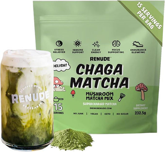Renude Chaga Matcha - Chaga Mushroom Powder, Superfood Drink Mix with Adaptogens, Ceremonial Grade Mushroom Matcha, Keto, Vegan, Sugar Free, Natural Energy and Immune Support - 15 Servings